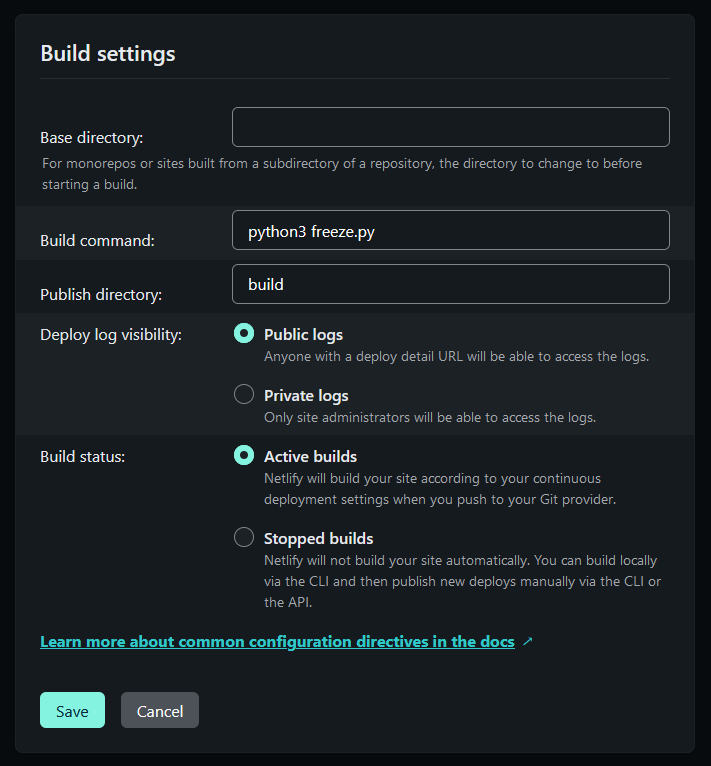 Netlify build settings