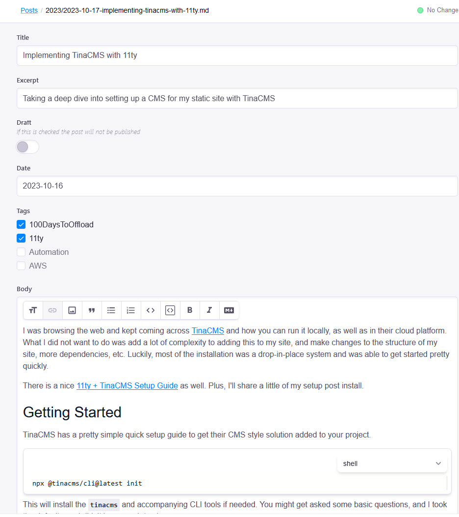Screenshot of the final TinaCMS config updates.